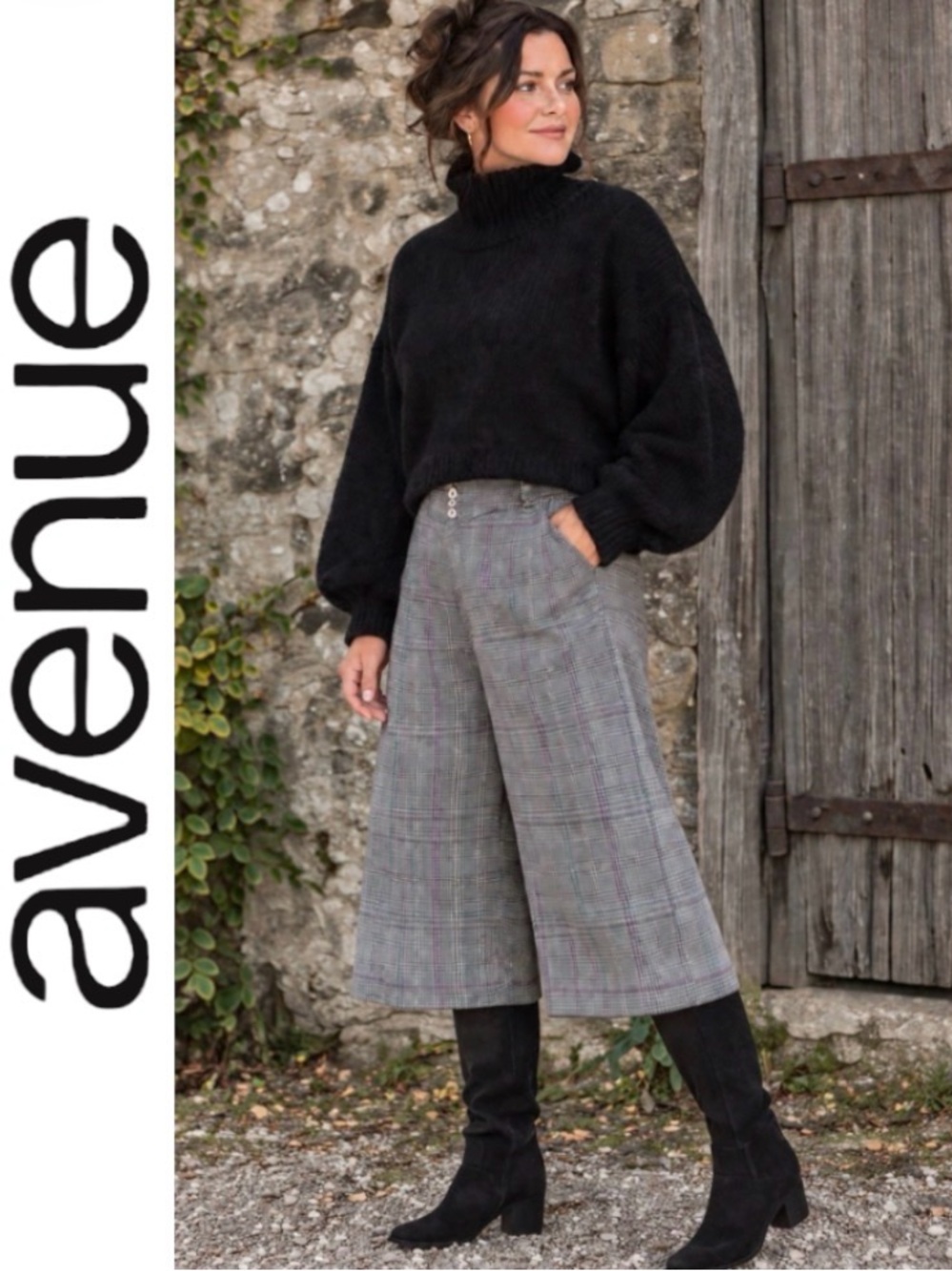 26W Avenue Cotton Gaucho Pants in Grey Plaid
